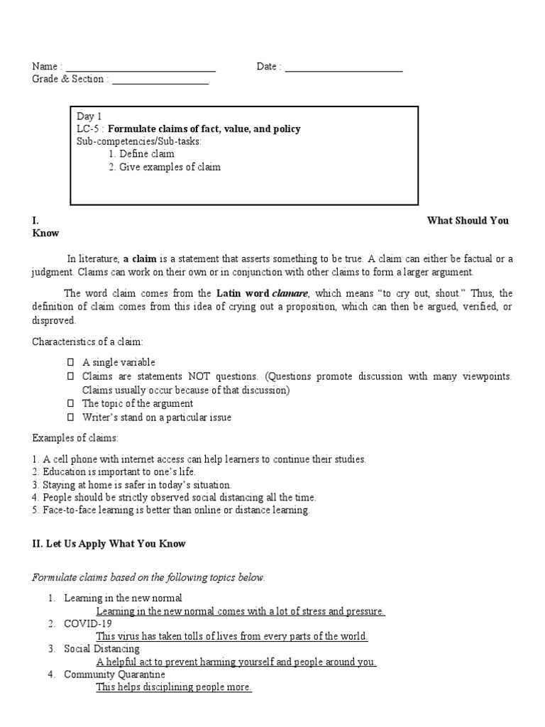 Formulating Claims | PDF | Learning | Distance Education