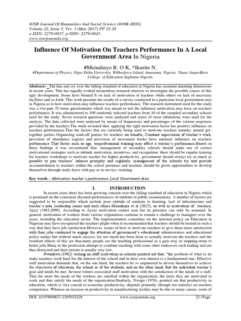 Influence of Motivation On Teachers Performance in A Local Government ...