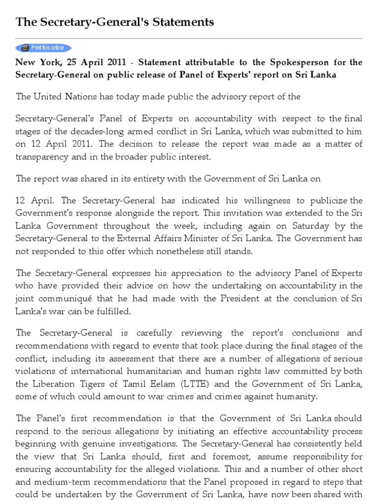 UN SG's Statement On The Release of The Panel of Experts Report | PDF ...