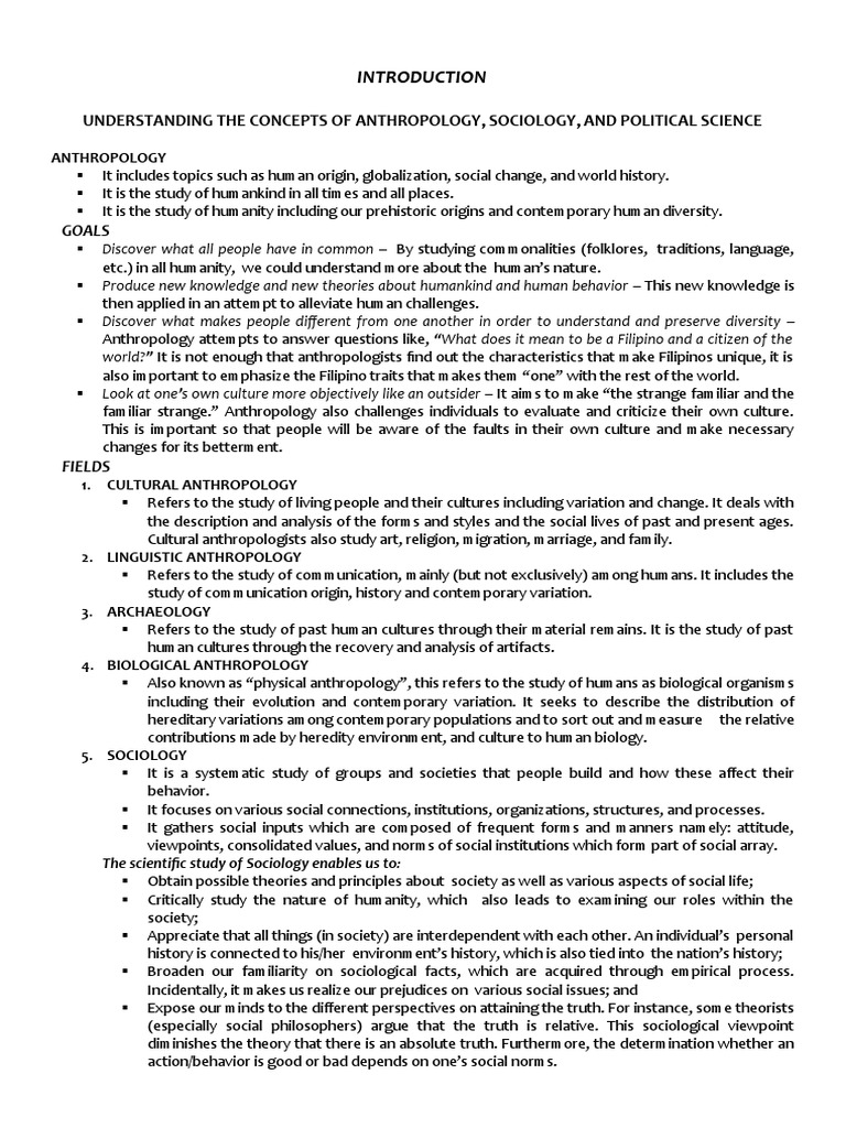 Understanding The Concepts of Anthropology, Sociology, and Political ...
