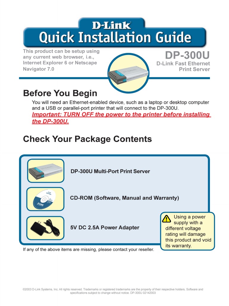 DLink DP300U Fast Print Server Quick Installation Guide