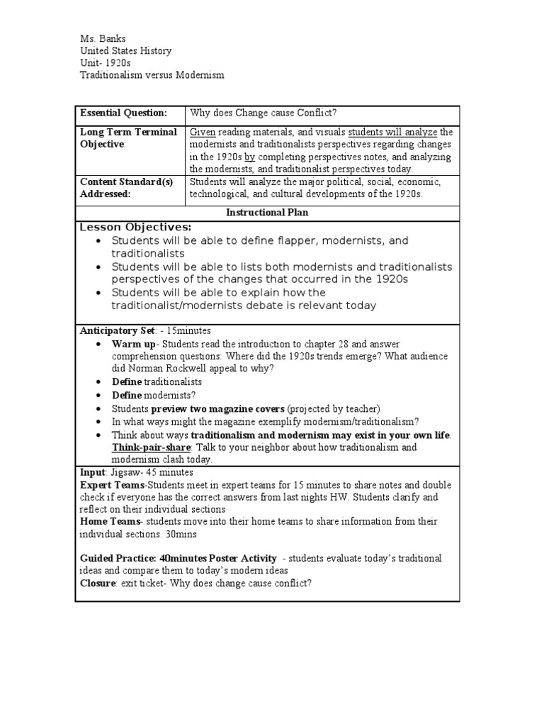 Chapter 29 - Traditionalism Vs Modernism Lesson Plan | PDF | Modernism ...