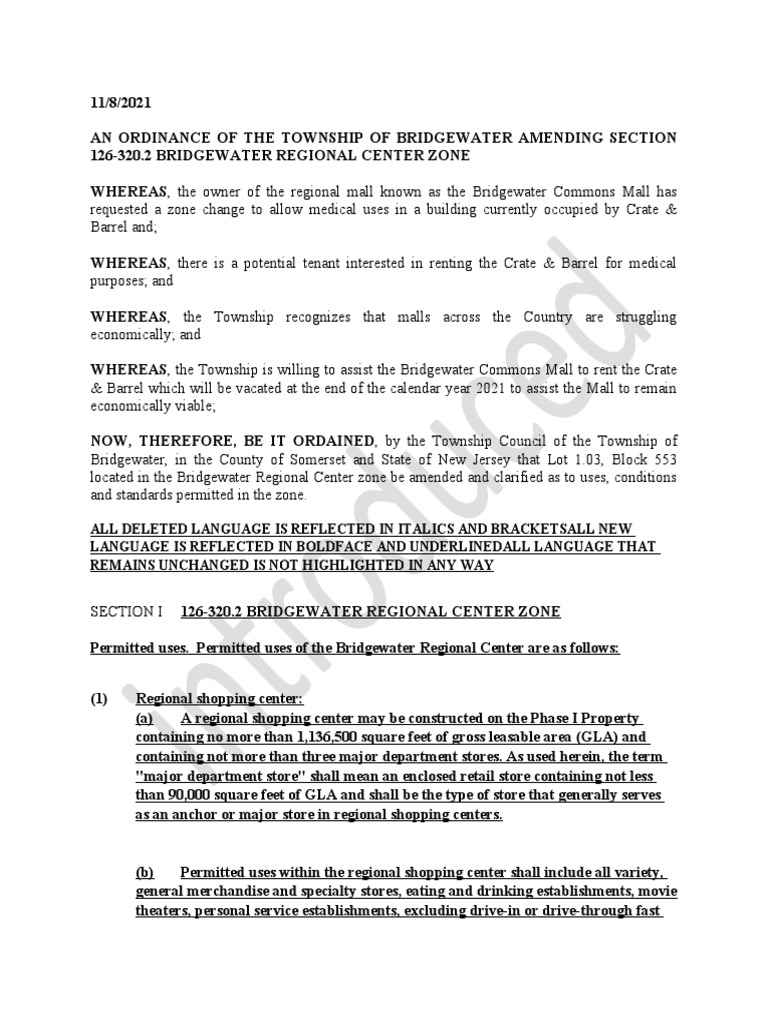Bridgewater Ordinance To Rezone Crate & Barrel Building PDF
