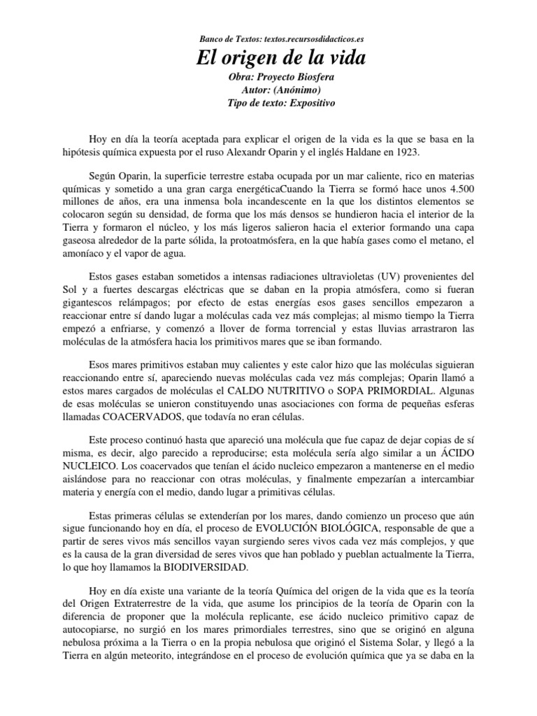 El Origen de La Vida | PDF | Organismos | Abiogénesis