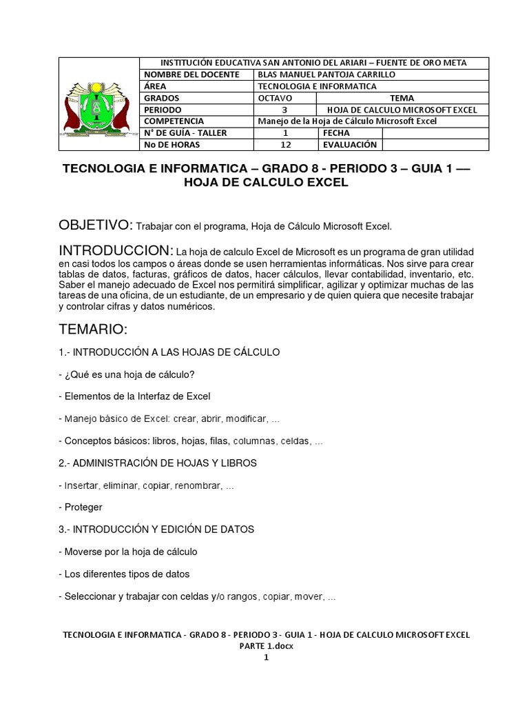 Guía de Excel para Grado 8 - Periodo 3 | PDF | Hoja de cálculo ...
