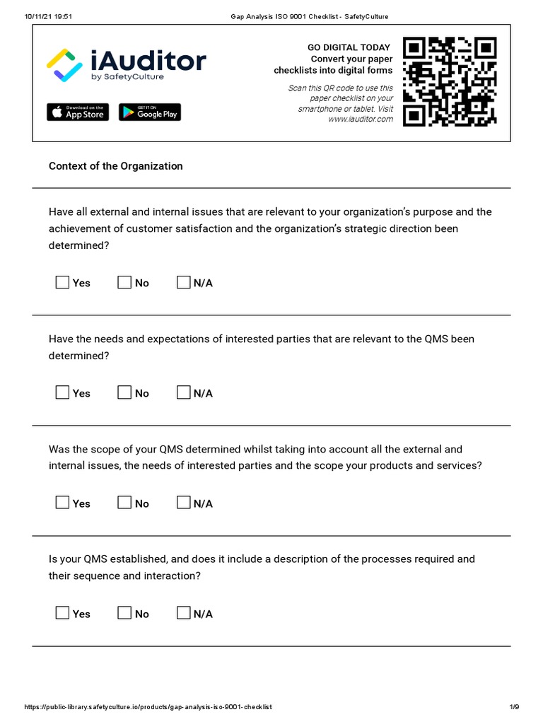 ISO 9001 Gap Analysis Checklist | PDF | Quality Management System | Iso ...