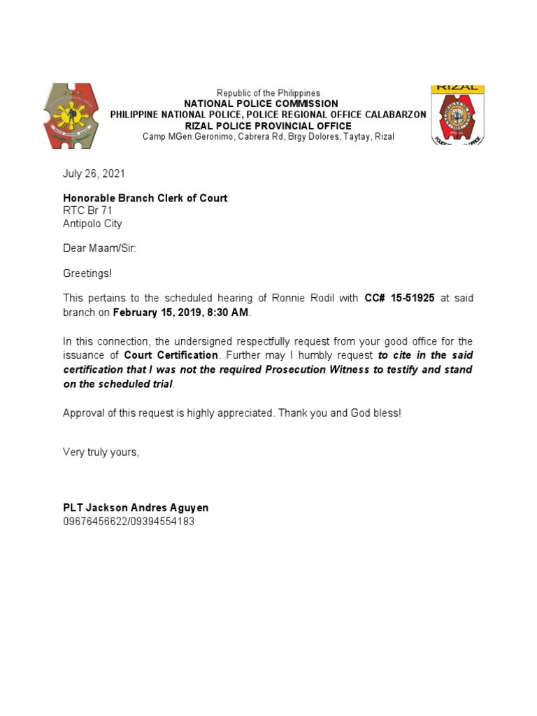 Honorable Branch Clerk of Court: Philippine National Police, Police ...