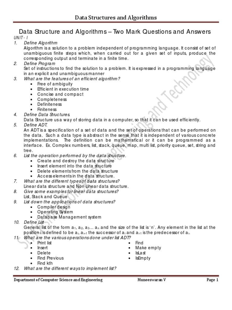 Data Structure and Algorithms - Two Mark Questions and Answers | PDF ...