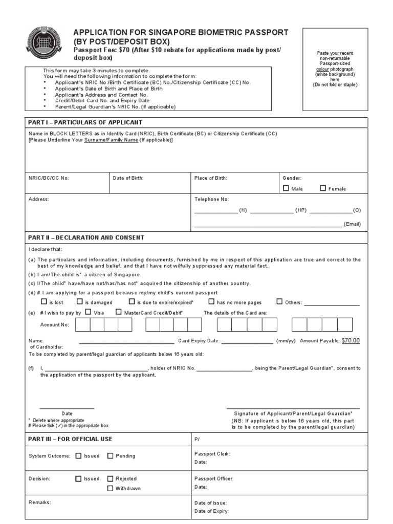 Application For Singapore Biometric Passport (By Post/Deposit Box)