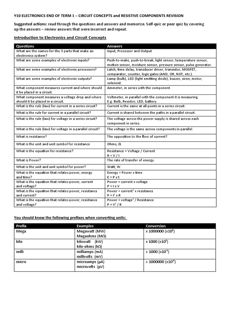 ELECTRONICS Y10 Circuit Concepts and Resistive Components Revision