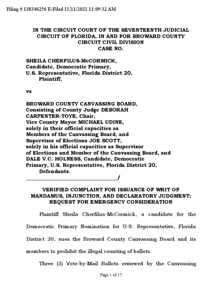 Sheila Cherfilus-McCormick Files Election Lawsuit On Nov. 11 | PDF |  Complaint | Lawsuit