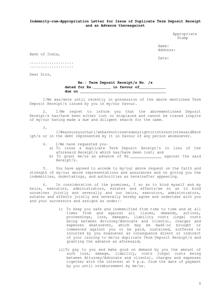 Indemnity for Duplicate Term Deposit Receipt | PDF | Banks | Joint And ...