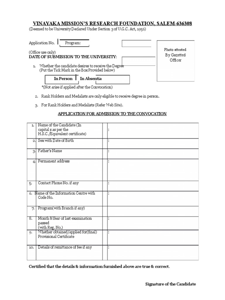 Vinayaka Mission Convocation Application | PDF