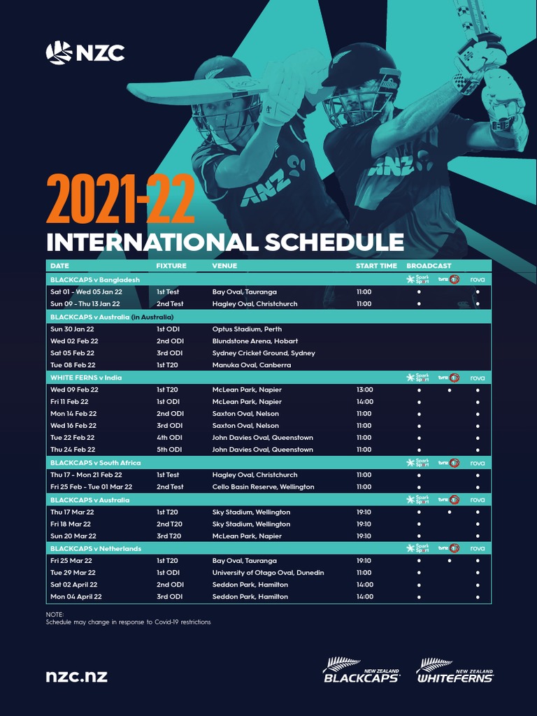 202122 NZ Cricket International Schedule PDF Sports Forms Of Cricket