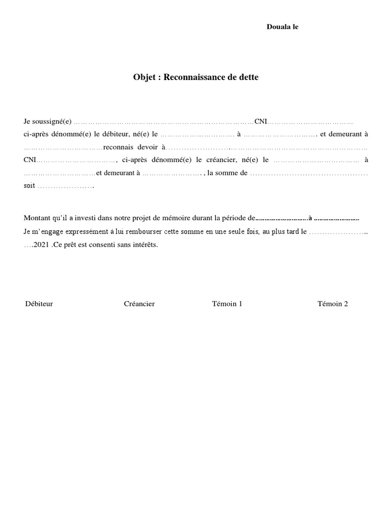 Lettre de Reconnaissance de Dette | PDF