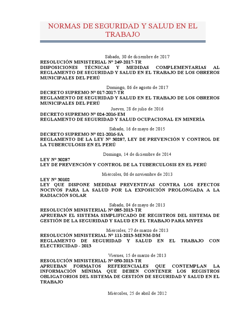 Normas de Seguridad y Salud en El Trabajo | Descargar gratis PDF ...