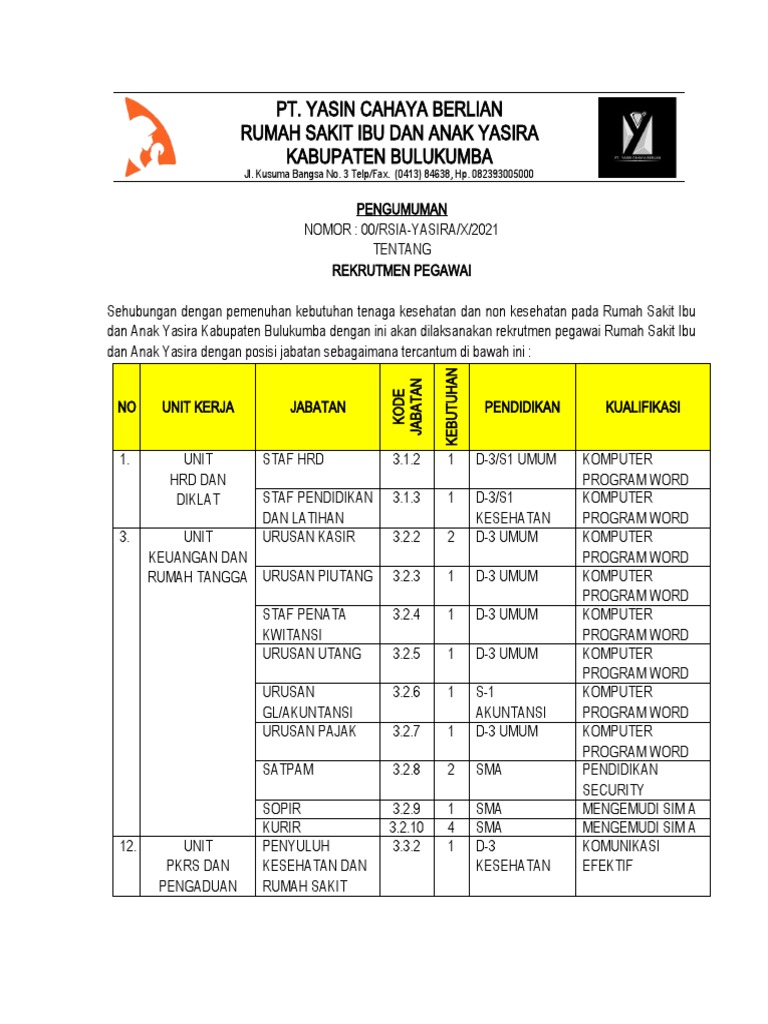 Rekrutmen Pegawai RSIA Yasira Bulukumba | PDF