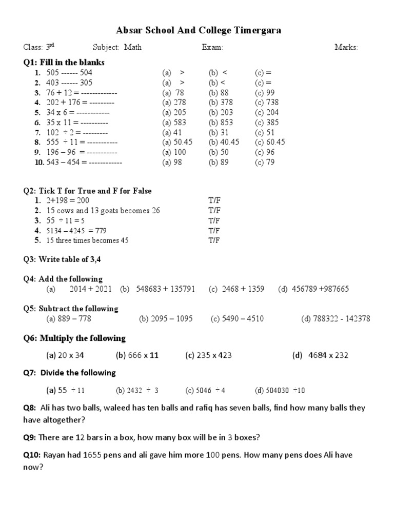 3rd Class Math Paper | PDF