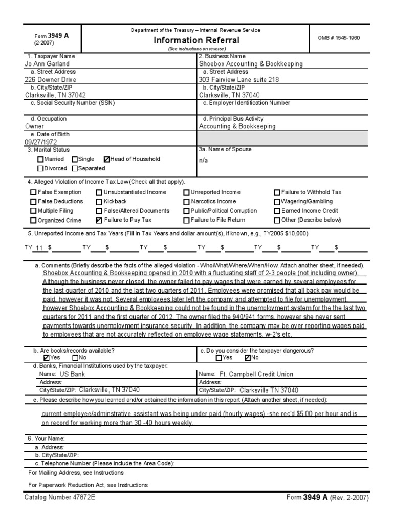 Information Referral: Form (2-2007) Department of The Treasury ...