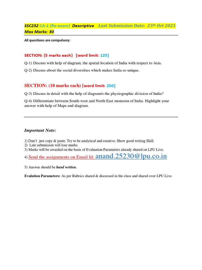 Descriptive Questions on Indian Geography and Society SSC232 CA1 (Re