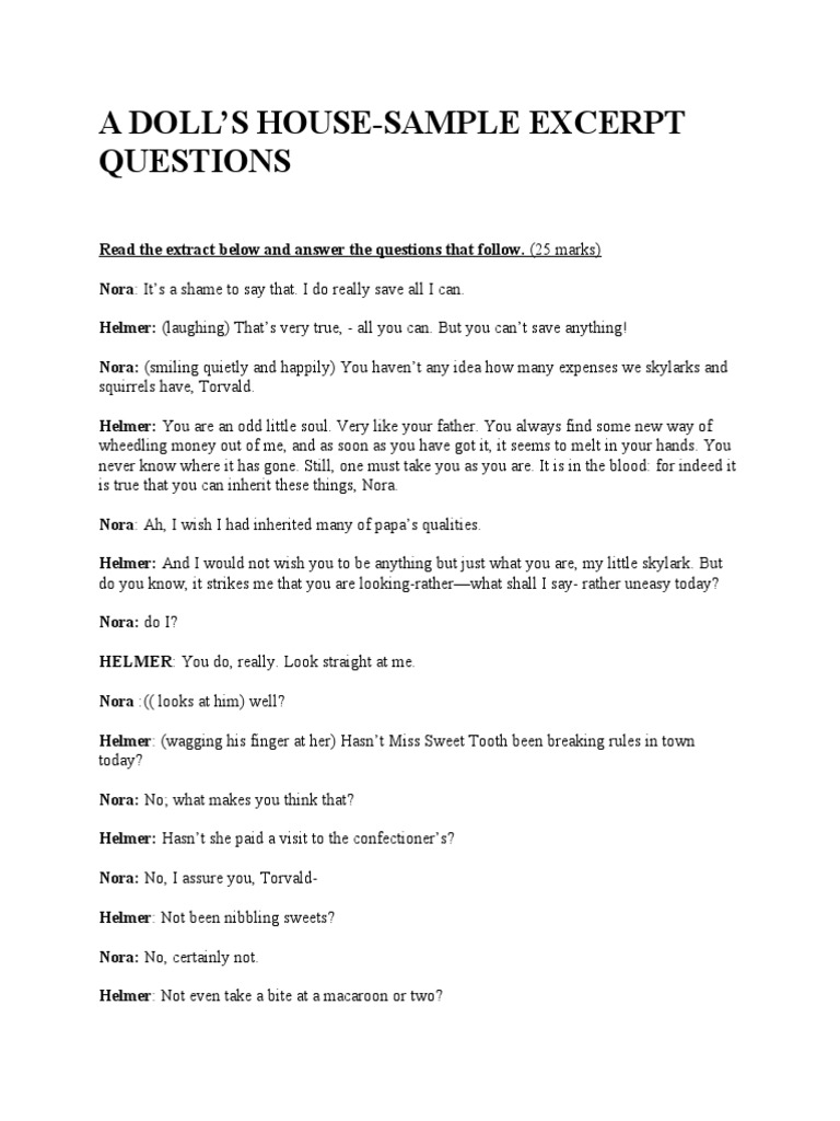 A Doll's House Excerpt Questions PDF A Doll's House