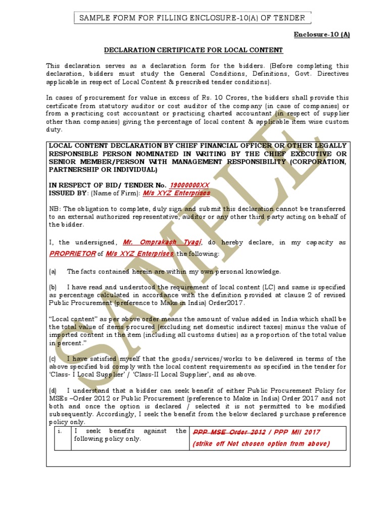 Local Content Declaration Form for Tenders | PDF | Exchange Rate ...