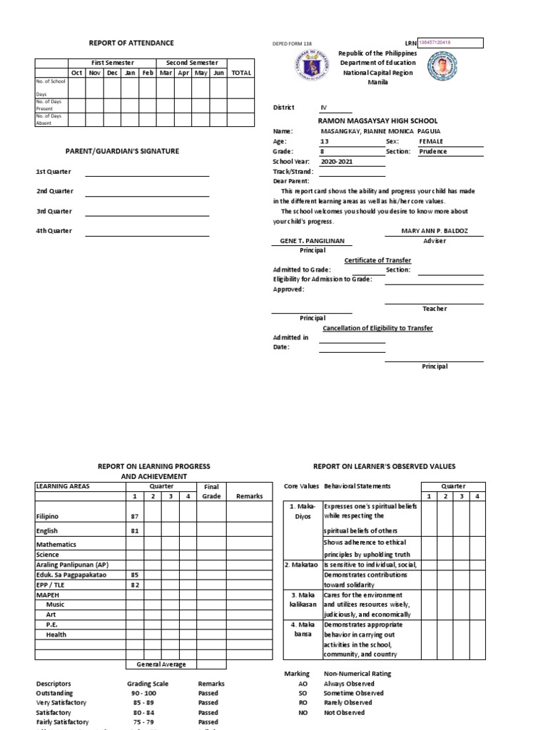 DEPED Form 138 Report Card Overview | PDF | Psychological Concepts ...