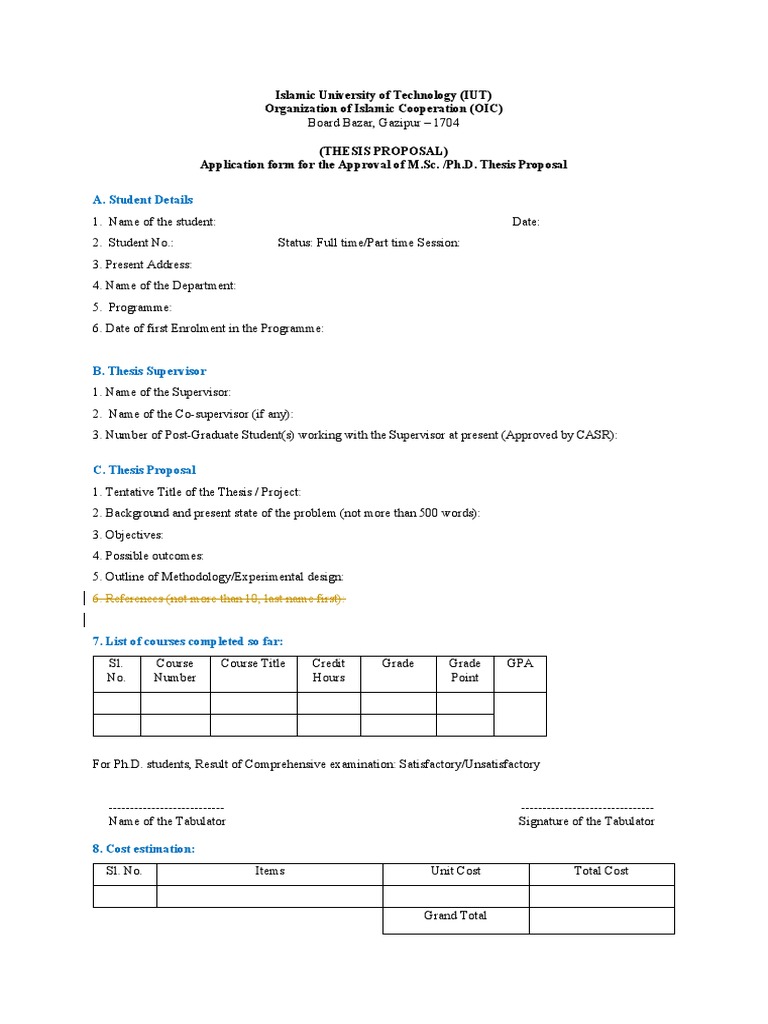 M.Sc./Ph.D. Thesis Proposal Form | PDF | Thesis | Doctor Of Philosophy