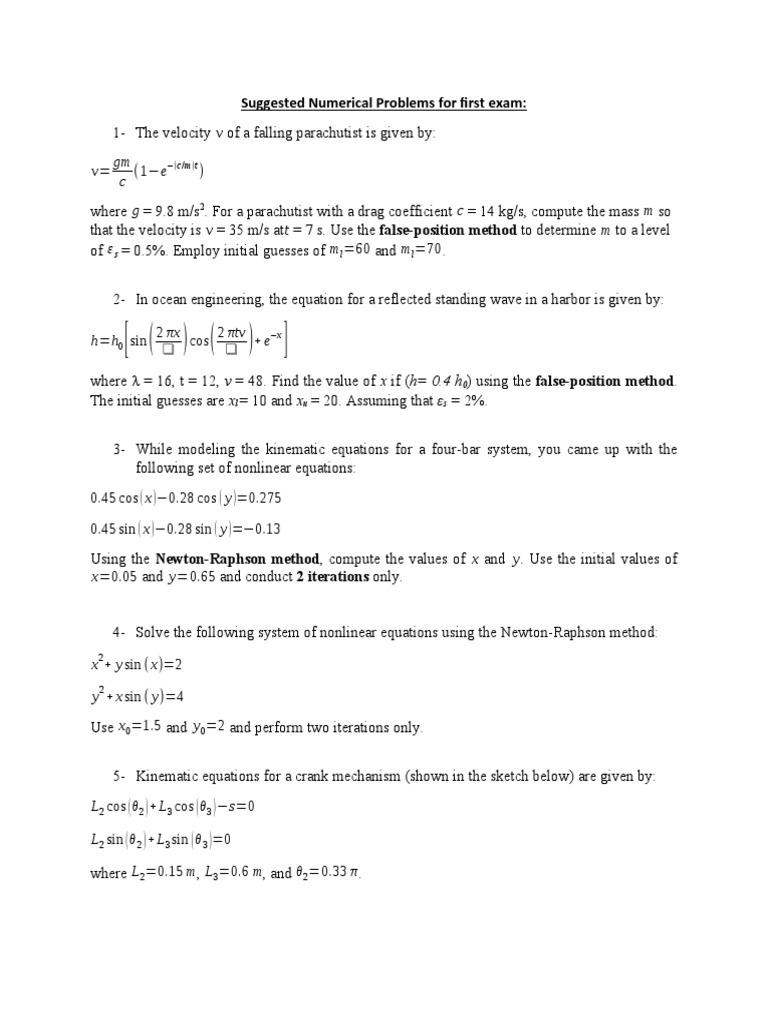Numerical Problem Set for Engineering Exam | PDF | Equations ...