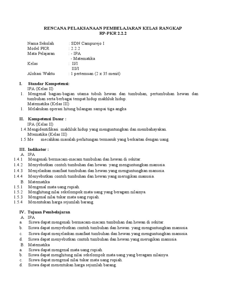 RPP Kelas Rangkap Model 222 SD | PDF