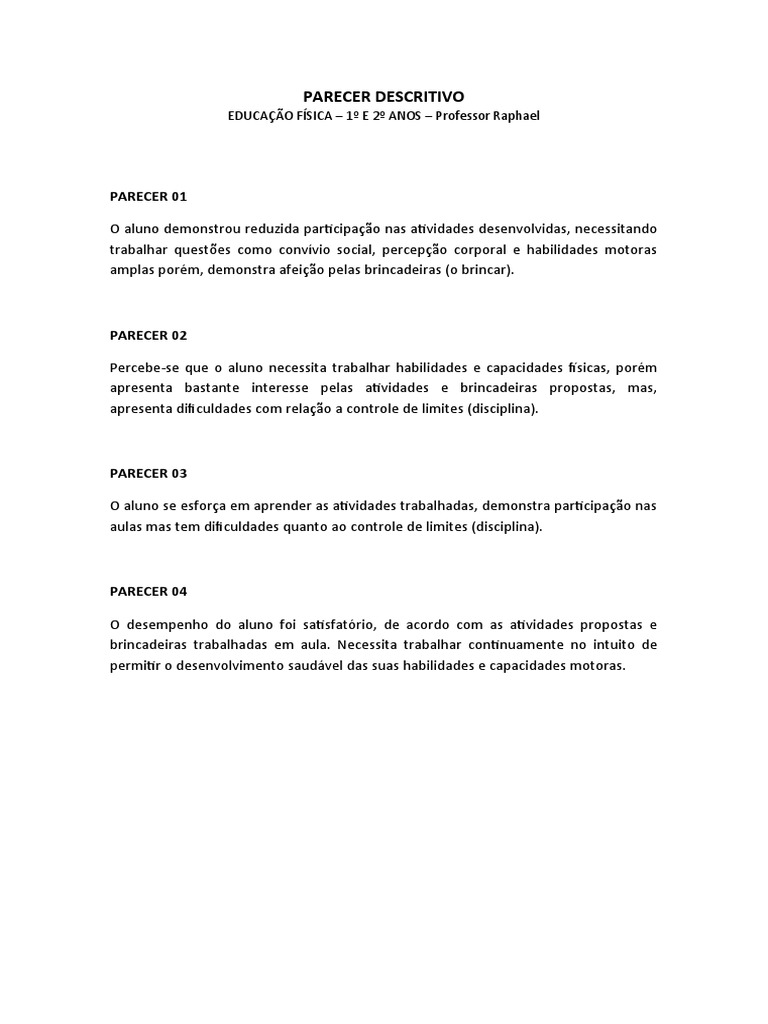 PARECER DESCRITIVO - 1º e 2º Anos | PDF