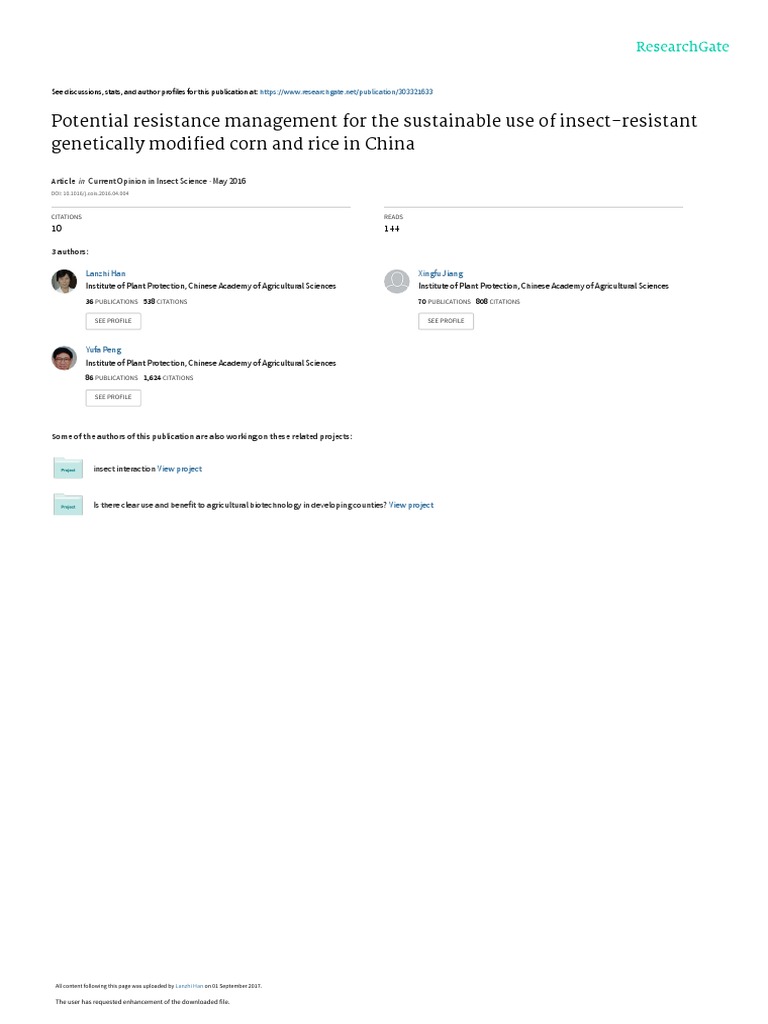 Potential Resistance Management For The Sustainable Use of InsectResistant Modified