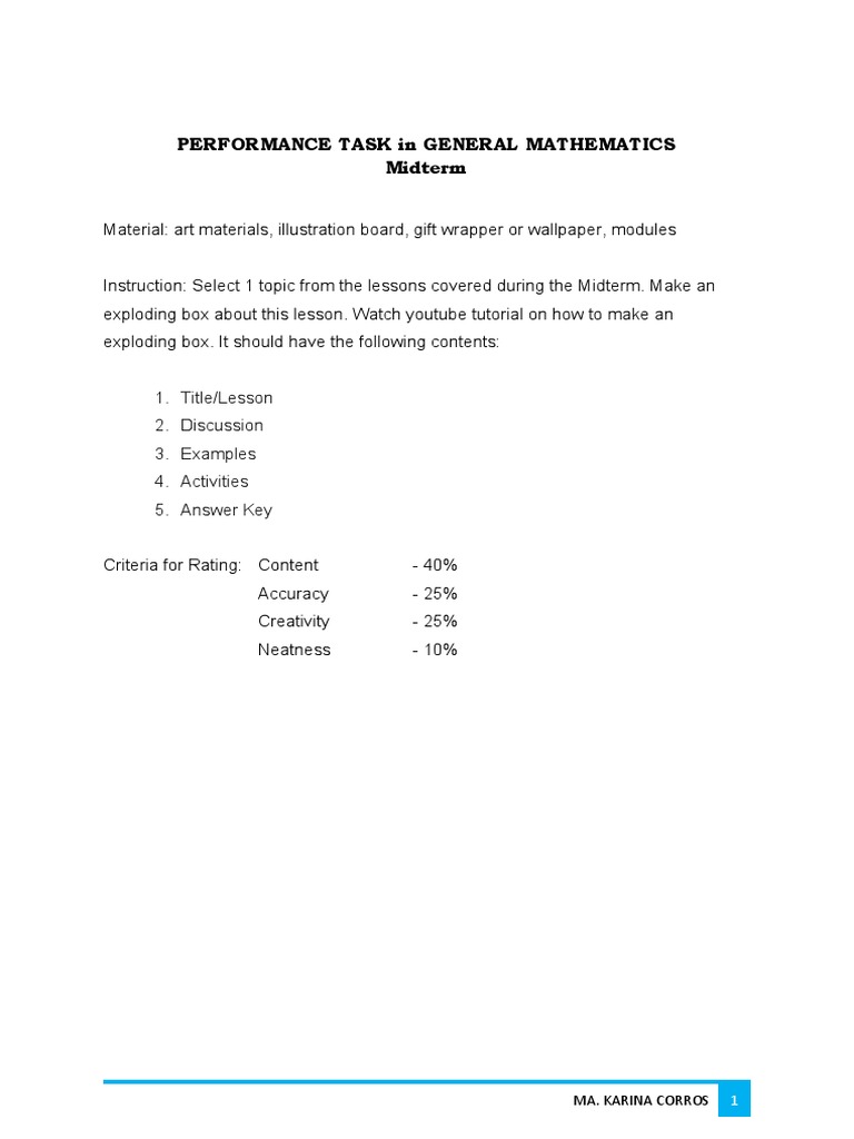 Performance Task in General Mathematics Midterm: 1. Title/Lesson 2 ...