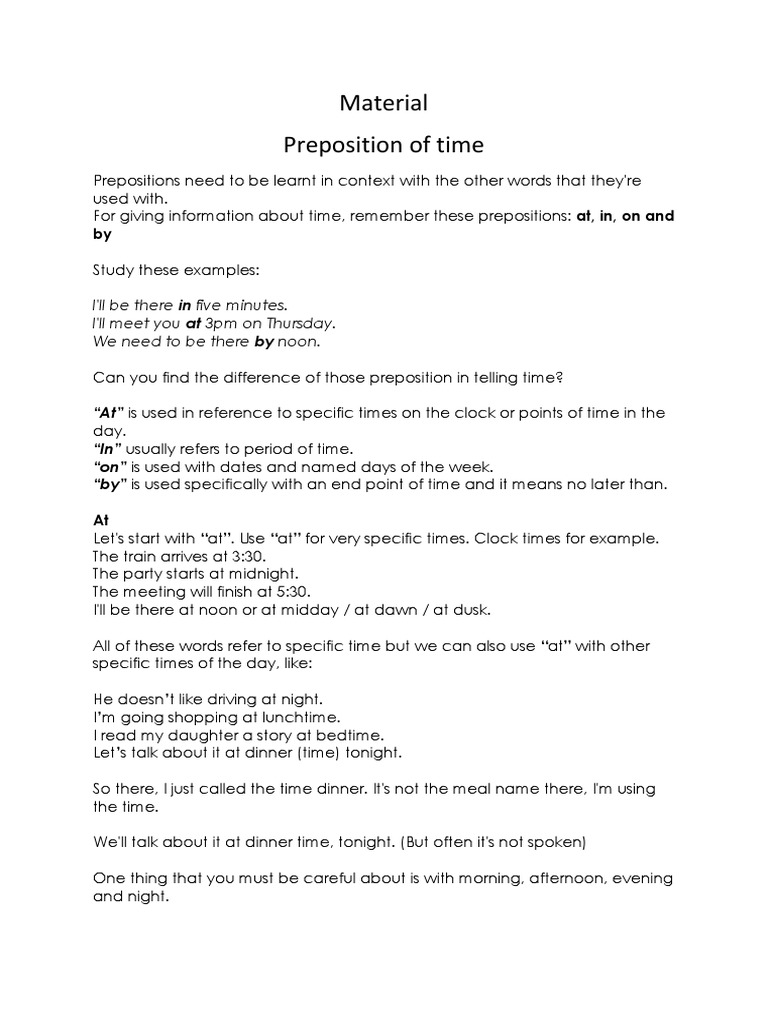 Understanding Prepositions of Time | PDF | Dinner | Lunch