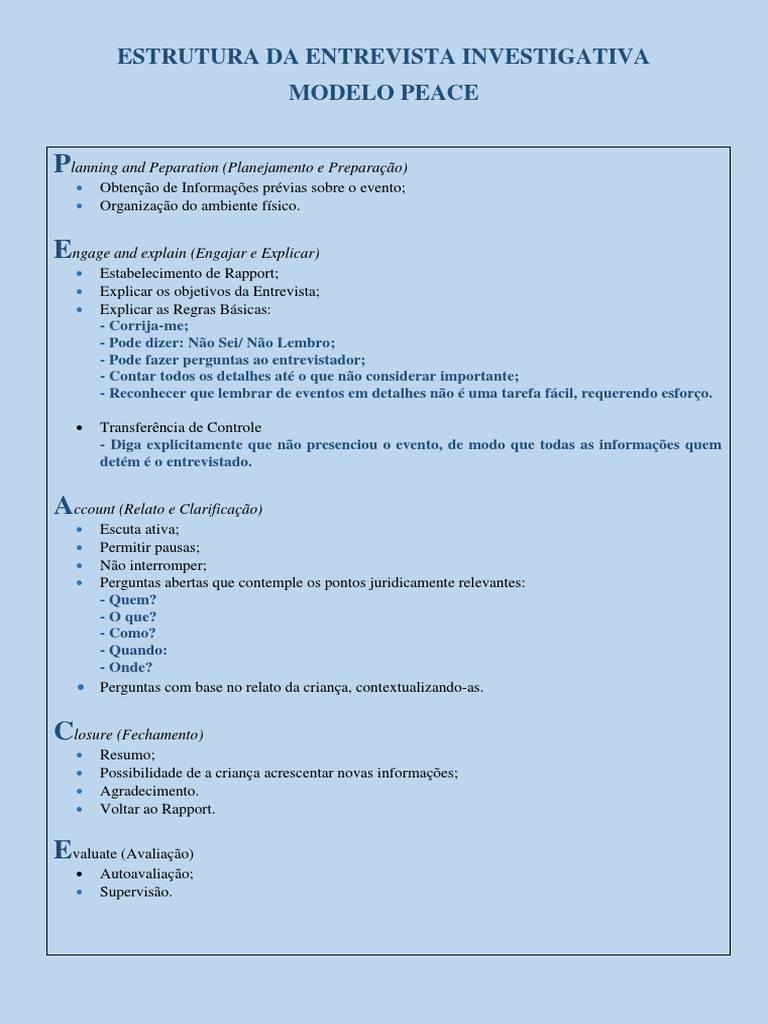 Estrutura da Entrevista Investigativa PEACE | PDF | Carreira e Crescimento