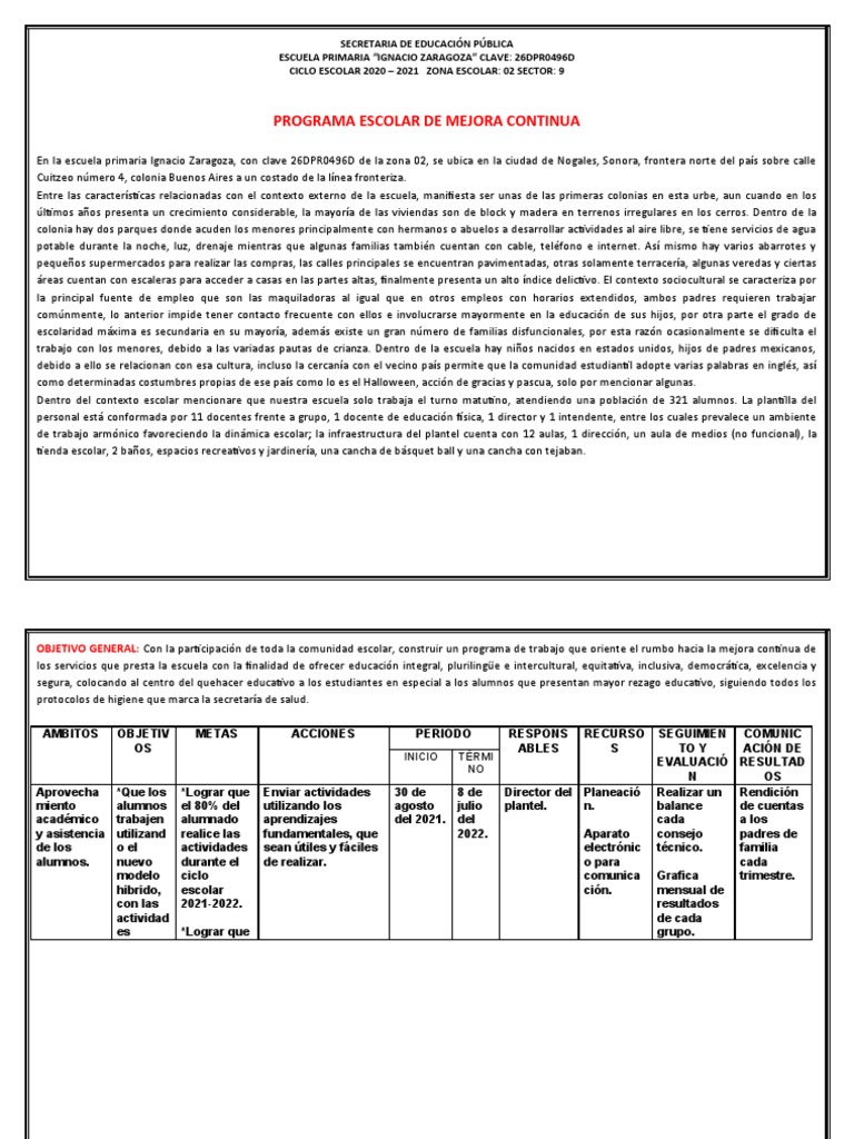 Programa Escolar de Mejora Continua 2021 2022 | PDF | Aprendizaje ...