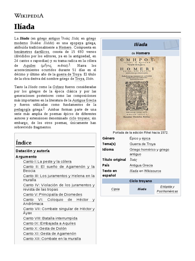 La Iliada Y La Odisea Wikipedia Epopeyagriega | PDF | Héctor | Aquiles