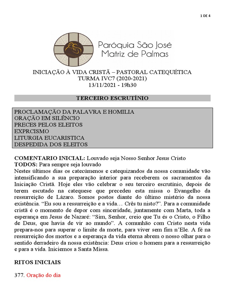 Terceiro Escrutínio na Iniciação Cristã | PDF | Eucaristia | Missa ...