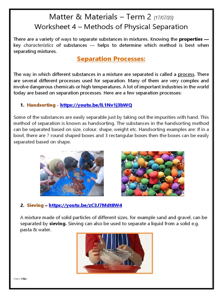 Matter &amp; Materials - Term 2: Worksheet 4 - Methods of Physical 