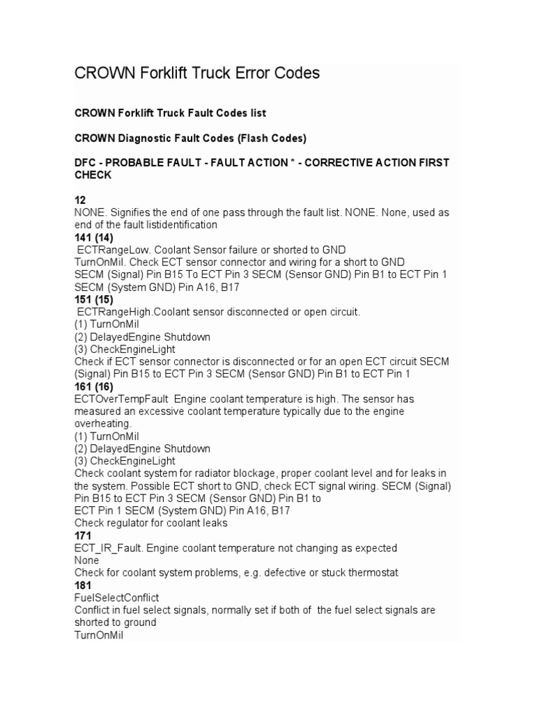 CROWN Forklift Truck Error Codes | PDF | Rotating Machines | Computer ...