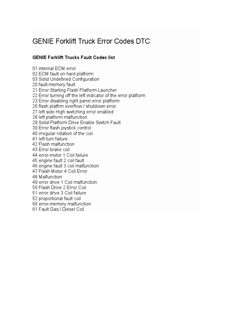 GENIE Forklift Truck Error Codes DTC PDF