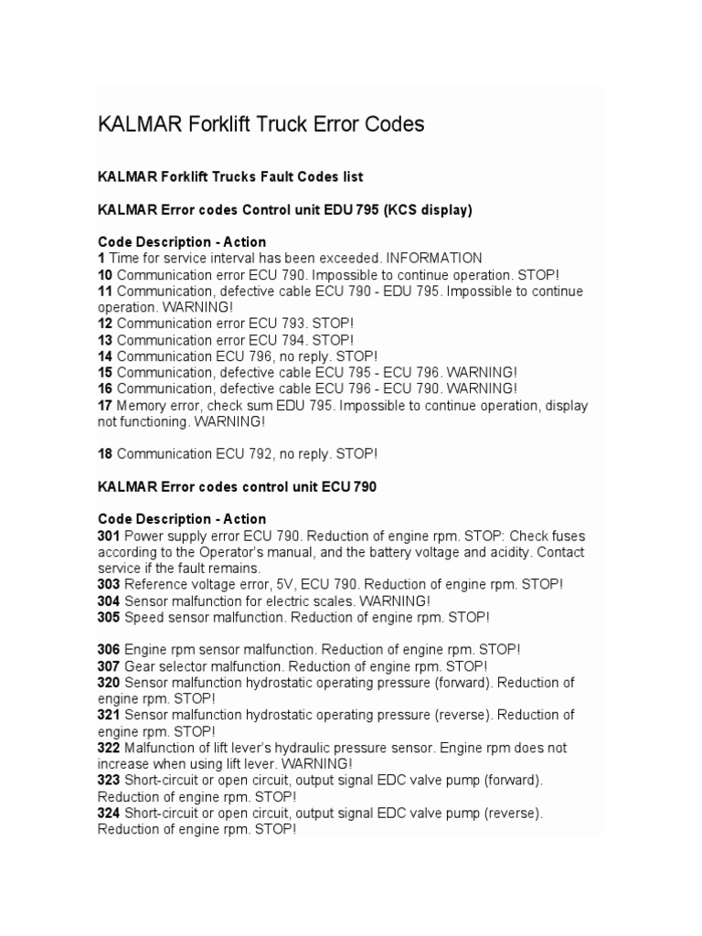 Kalmar Forklift Error Codes Guide | PDF | Throttle | Power Supply