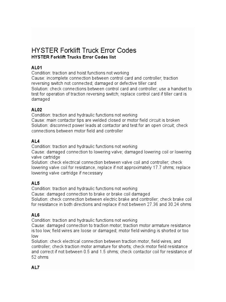 HYSTER Forklift Truck Error Codes PDF Electric Motor Voltage