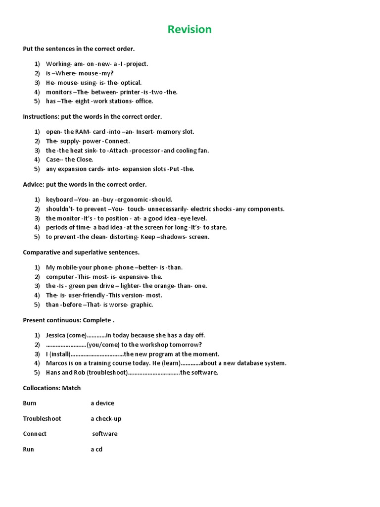 Sentence Ordering and Grammar Exercises | PDF