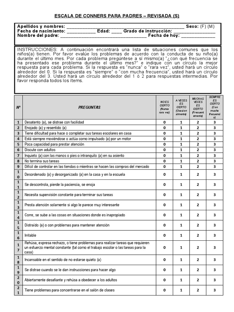 Escala Conners para Padres - Revisada | PDF | Cognición