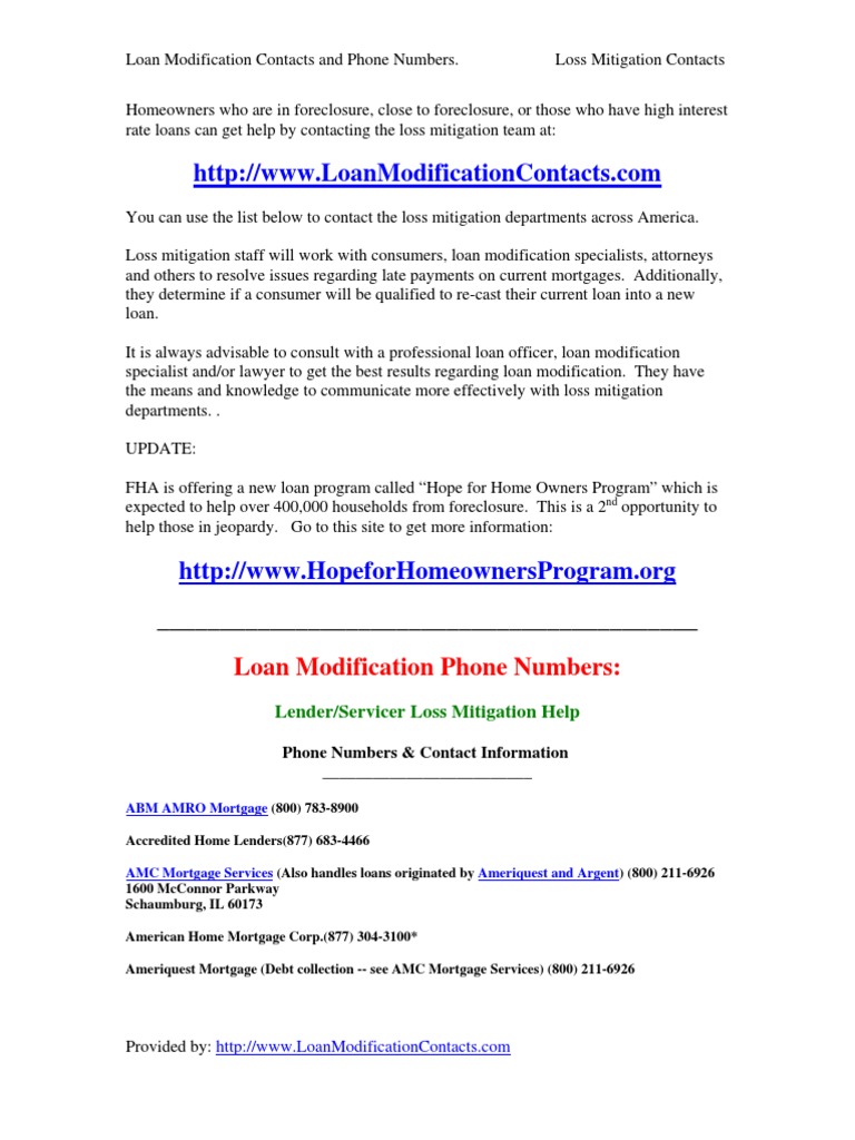 Loan Modification/Loss Mitigation Contacts and Phone Numbers List