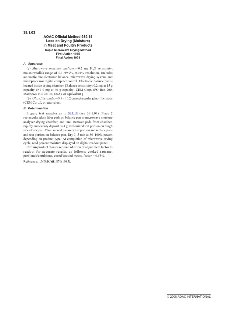 Moisture Content Analysis Aoac