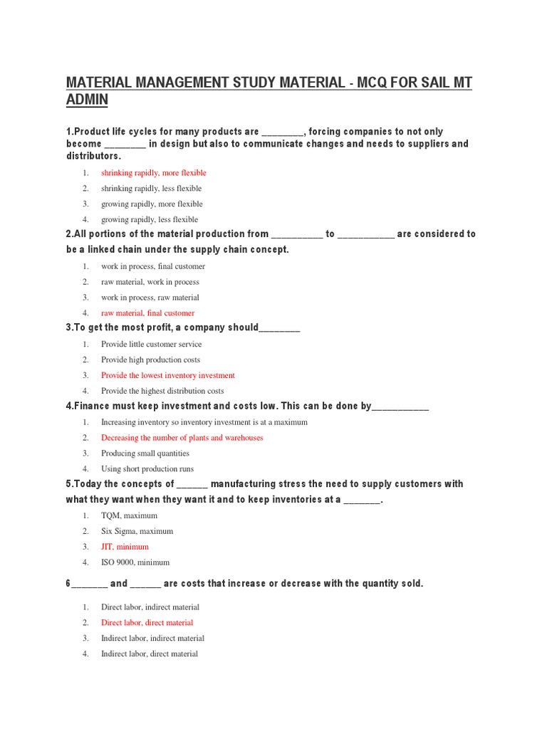 Material Management MCQ PDF Forecasting Inventory