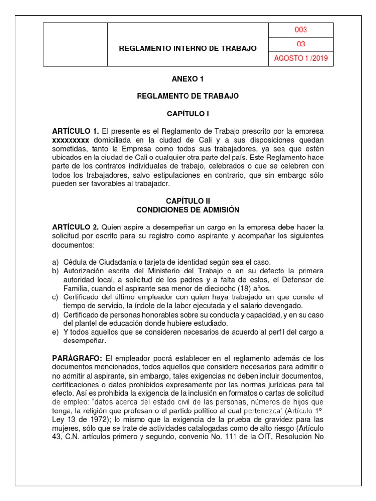 Modelo de Reglamento Interno de Trabajo | PDF | Salario | Tiempo de trabajo