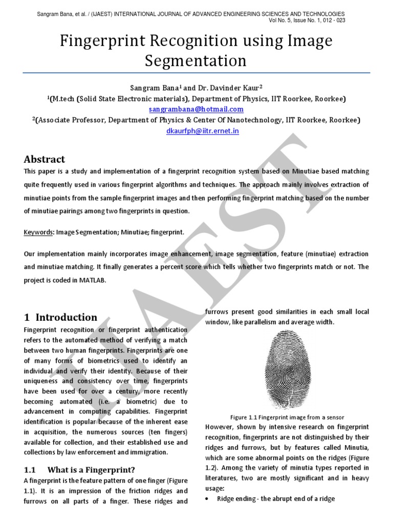 Fingerprint Recognition via Minutiae Matching | PDF | Fingerprint ...